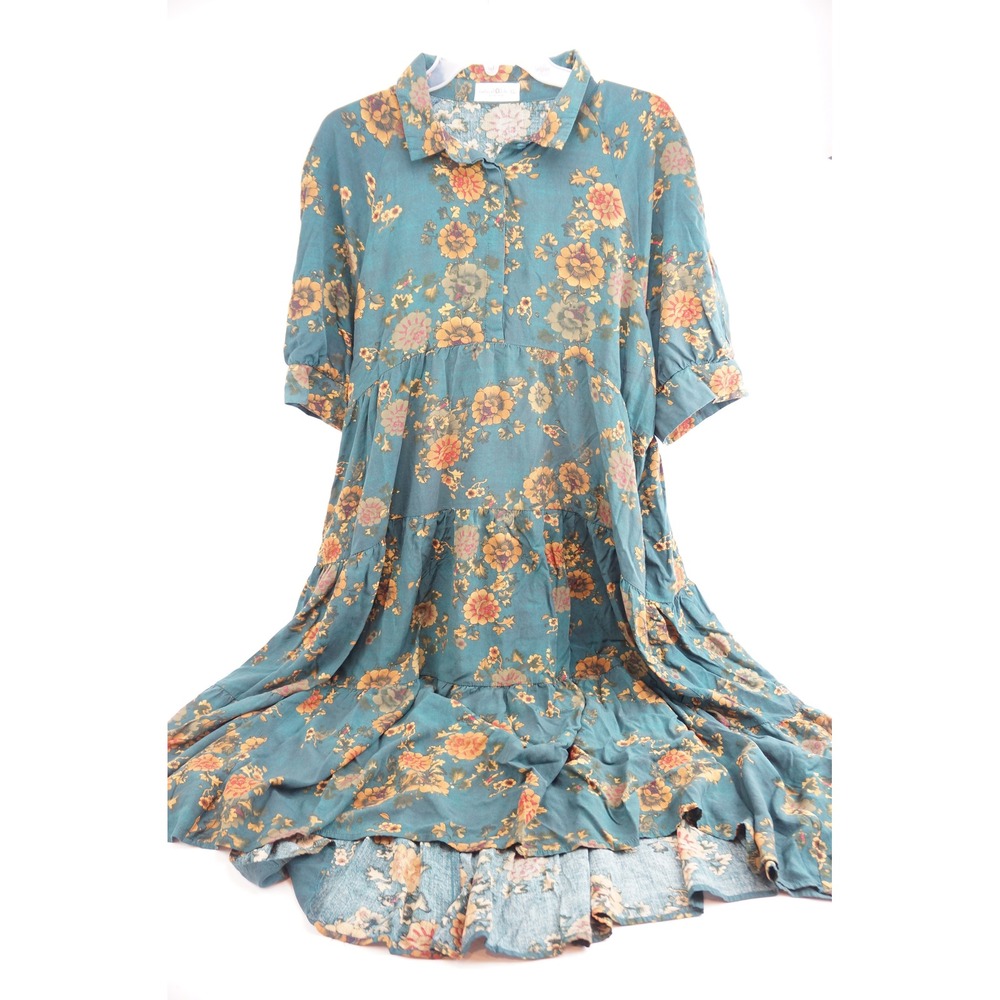 Natural Life Dress XL Teal Floral Tiered Rayon Button Front Collared Excellent